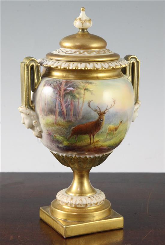 A Royal Worcester stag & doe vase and cover, painted by Harry Stinton, 20.5cm, restorations